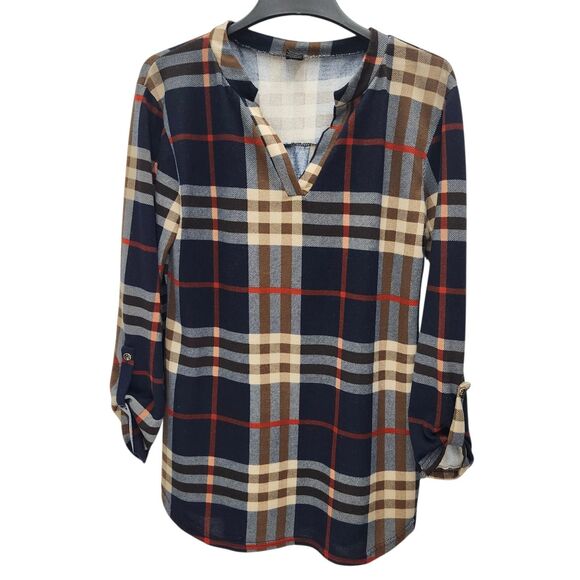 WinWin Button Sleeve Tunic Top Shirt Womens L-XL Blue Brown Plaid V-Neck Casual - Picture 2 of 9